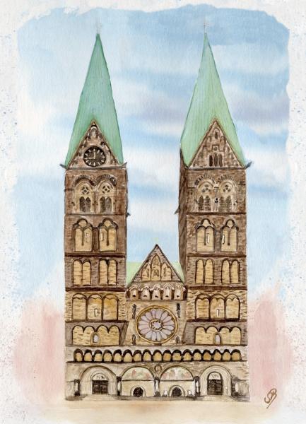 Poster DIN-A3 Aquarell Maritim Kunst Druck Kunstdruck Bremen Bremer Dom Souvenir Souvenirs